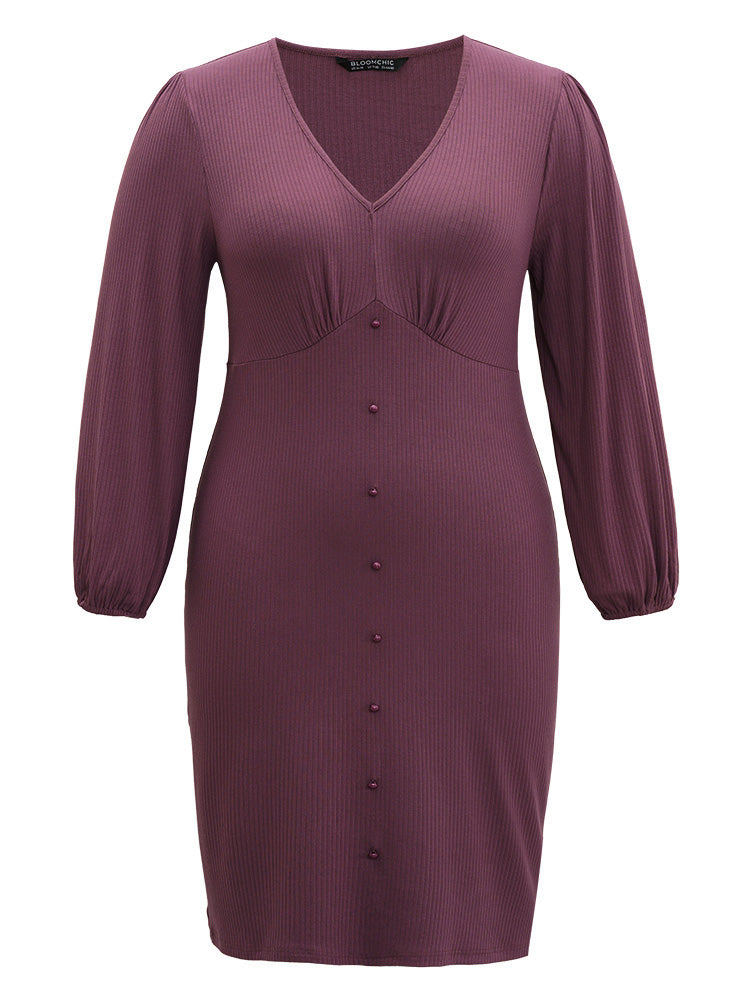 Rib Knit Gathered Button Detail Lantern Sleeve Dress