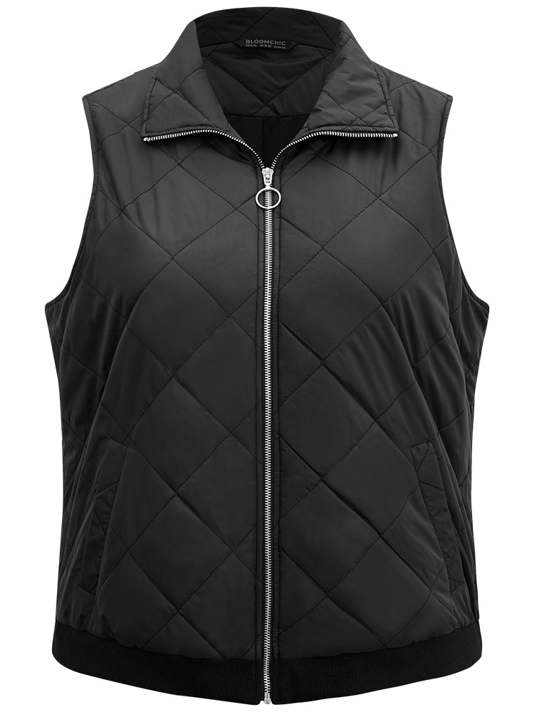 Plain Quilted O Ring Zipper Sleeveless Vest