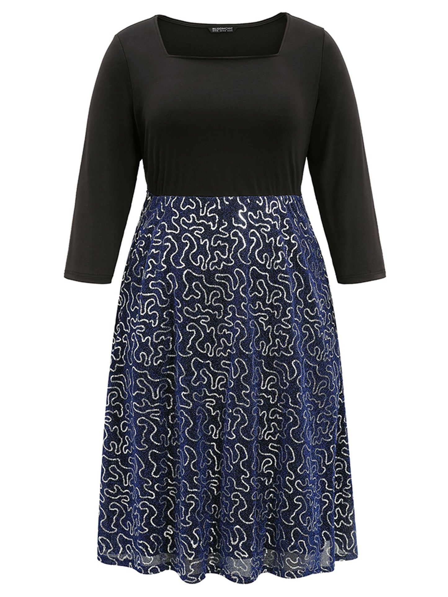 Patchwork Sequin Elastic Waist Square Neck Dress