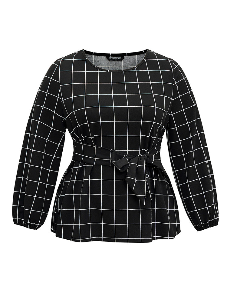 Plaid Ties Lantern Sleeve Crew Neck T-shirt