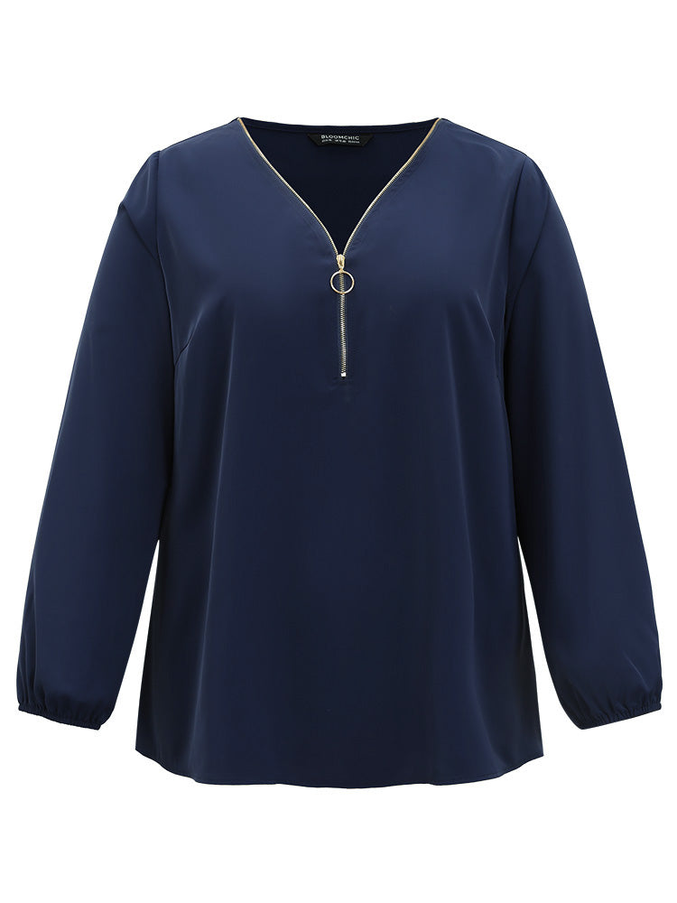 Static-Free Plain Zipper Elastic Cuffs Blouse