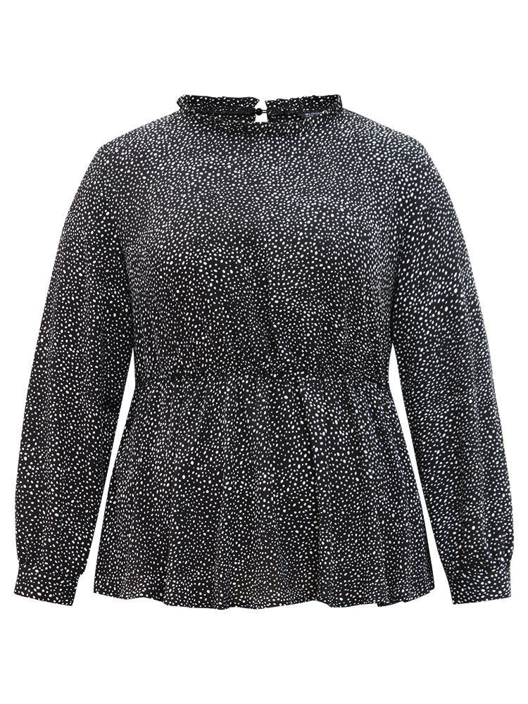 Polka Dot Chiffon Frill Trim Cut Out Elastic Waist Blouse