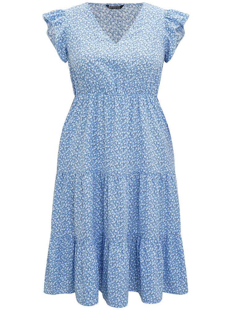 Ditsy Floral Layered Hem Ruffle Cap Sleeve Dress