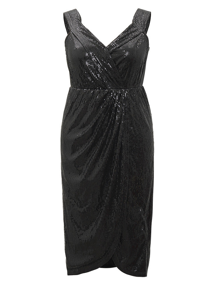 Sequin Overlap Collar Backless Cami Dress