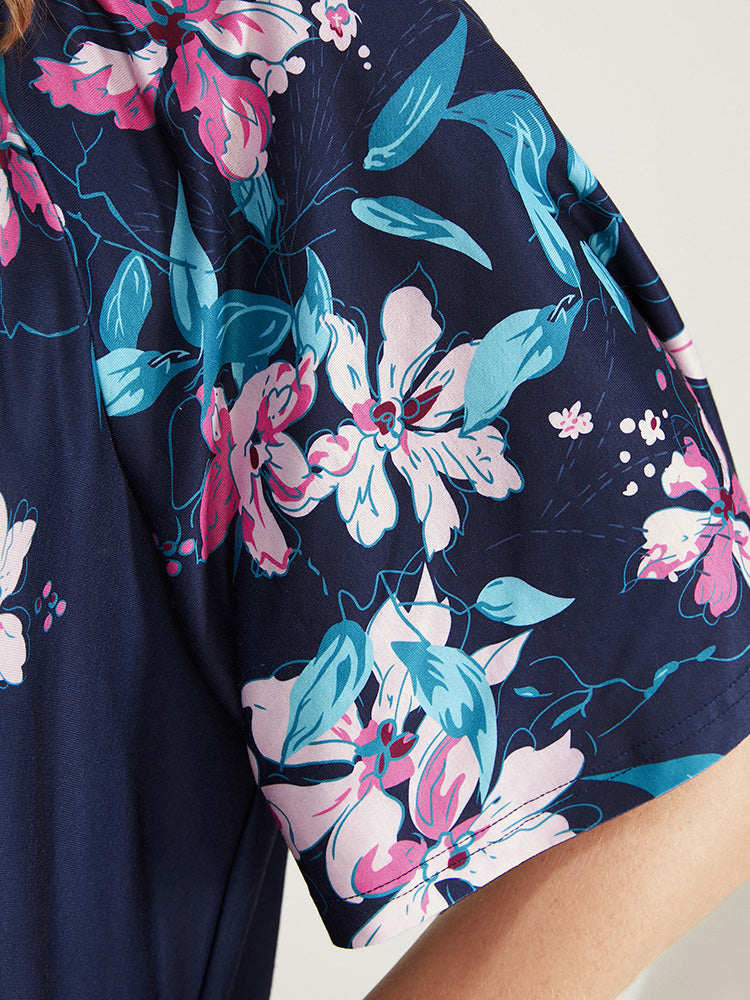 Floral Print Raglan Sleeve Pocket Gathered Ruffles Night Dress