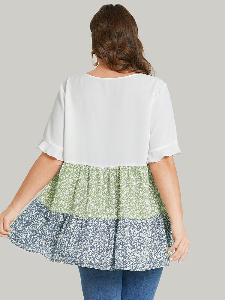 Ditsy Floral Ruffle Tiered Colorblock Contrast Blouse