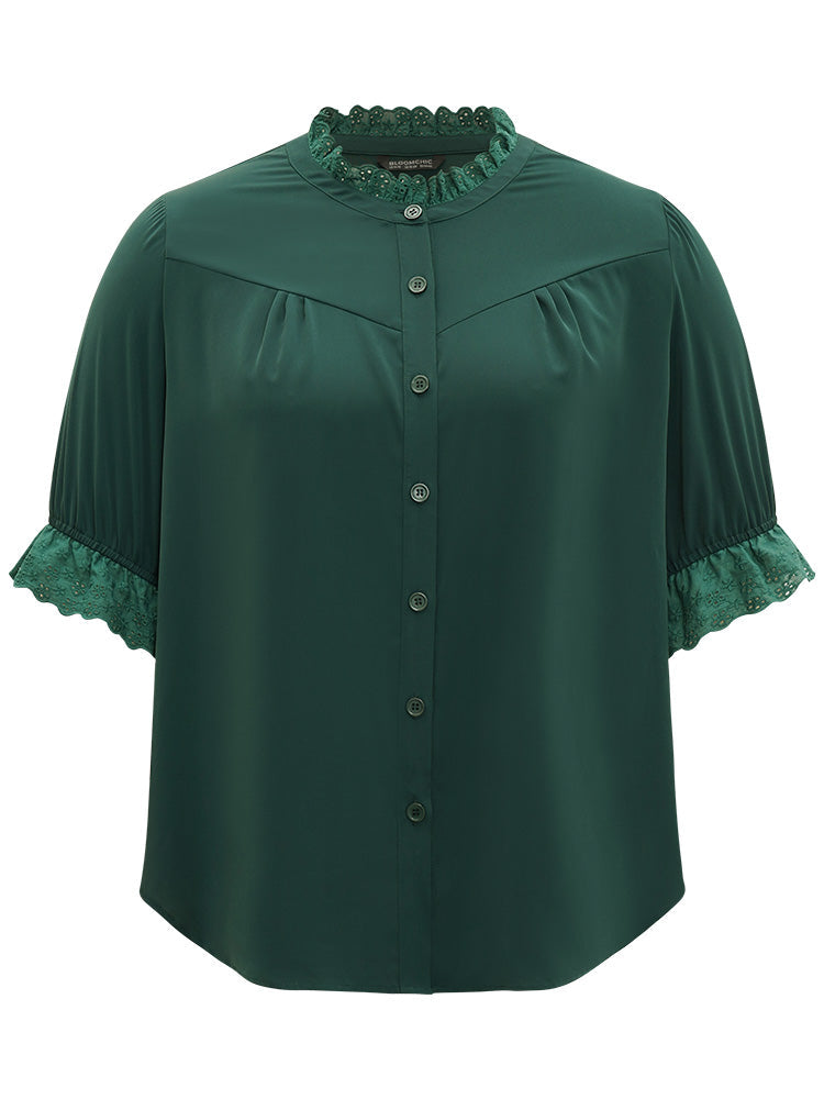 Solid Guipure Lace Button Up Curved Hem Blouse