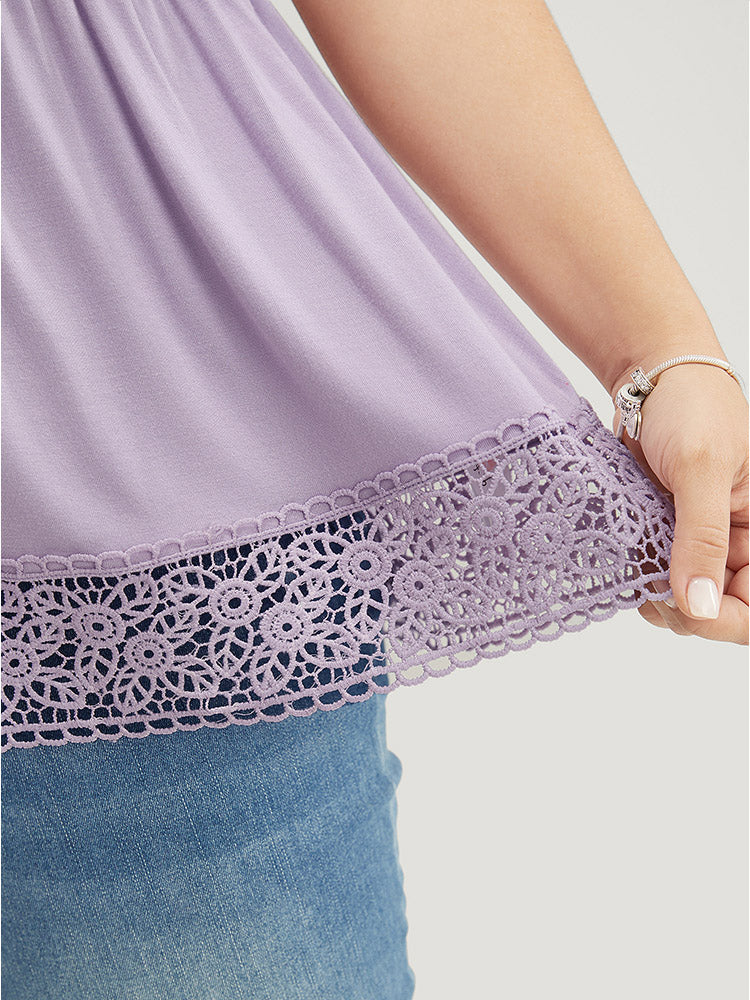 Plain Crew Neck Crochet Lace T-shirt