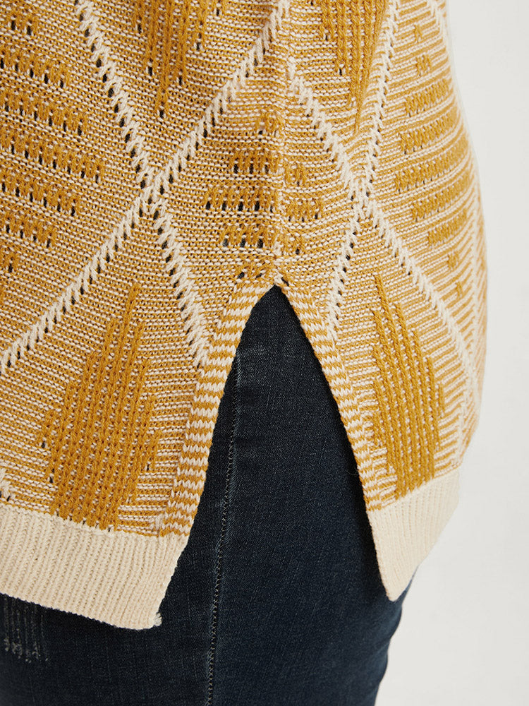 Argyle Pattern Pointelle Knit Contrast Split Hem Knit Top