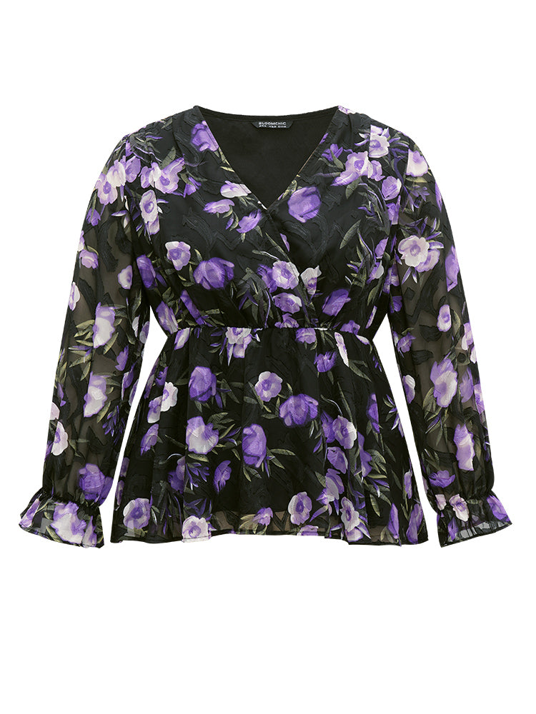 Chiffon Floral Mesh Wrap Ruffle Hem Blouse