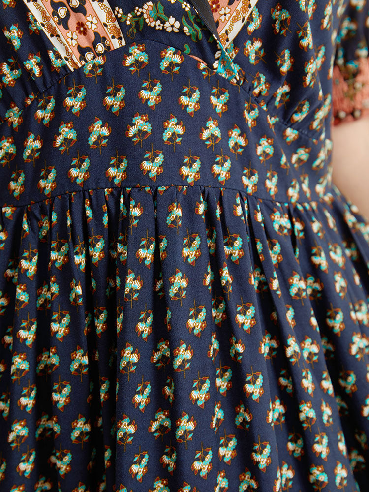 Bandana Print Shirred Puff Sleeve Pocket Wrap Empire Waist Dress