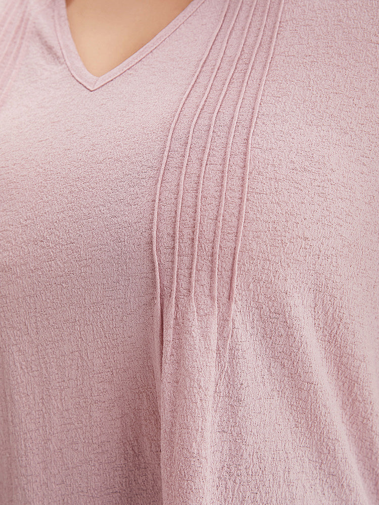Plain V Neck Pleated Textured T-shirt