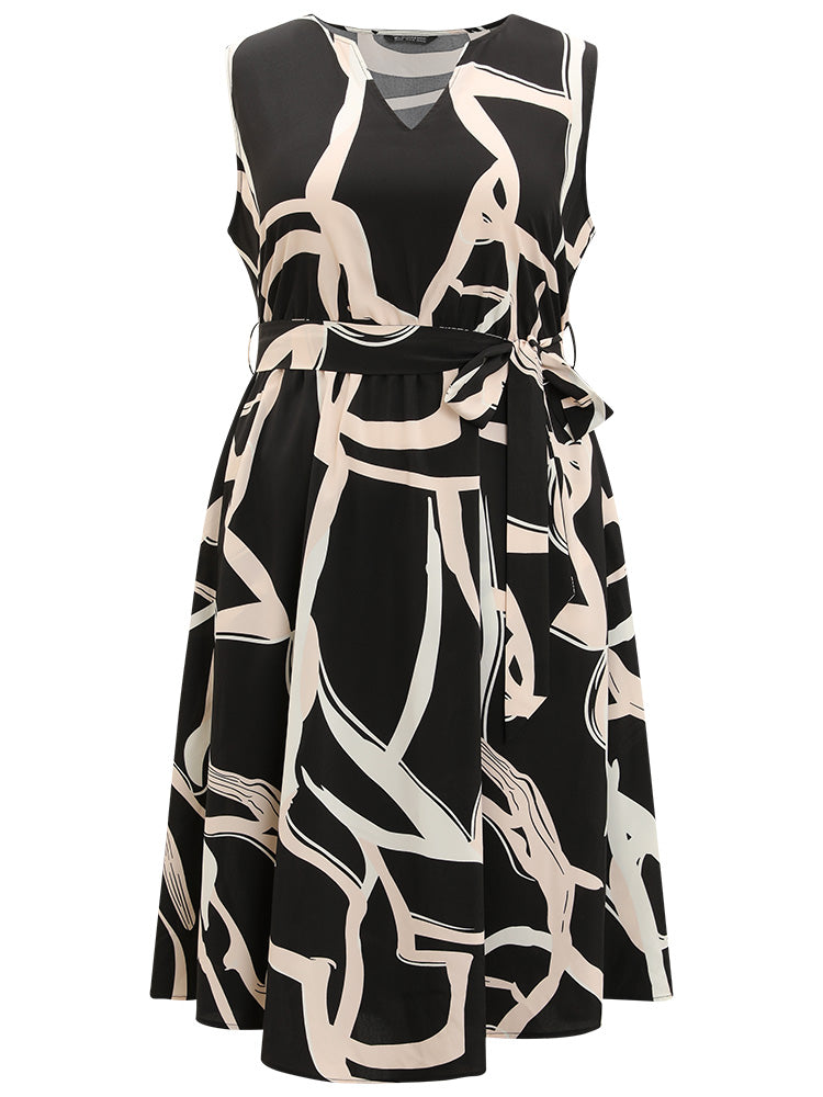 Geometric Print Pocket Notched Belted Tank Dress