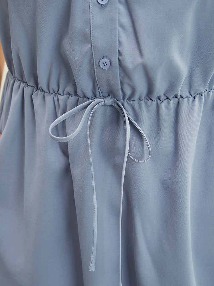 Solid Laser Cut Knotted Button Up Flutter Hem Dress