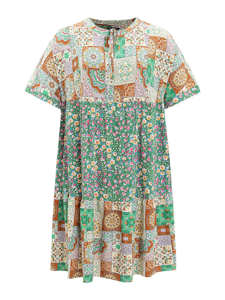 Ditsy Floral & Moroccan Print Patchwork Pocket Tie Neck Flutter Dress