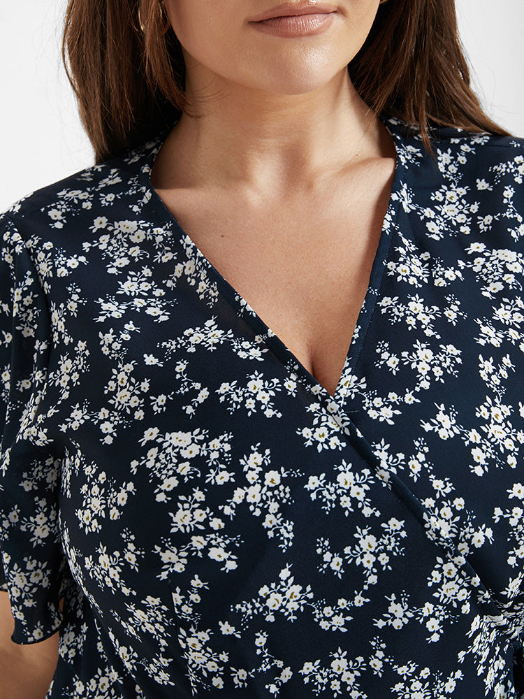 Bloom Dress - Floral V Neck Ruffle Wrap Knot Dress