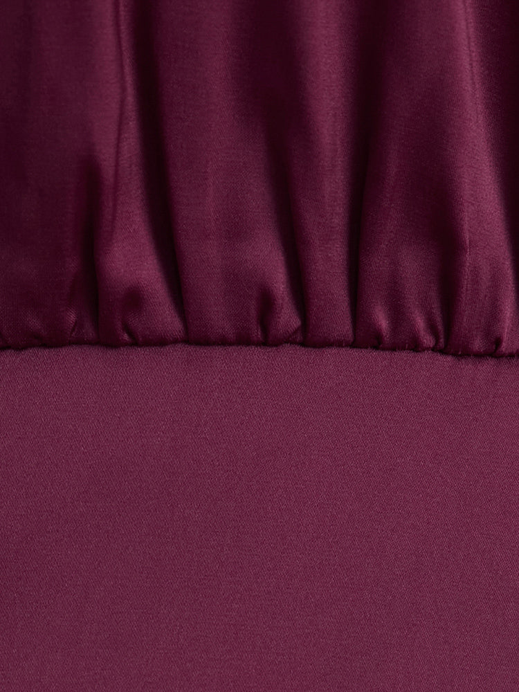 Solid Pocket Keyhole Mock Neck Satin Midi Dress