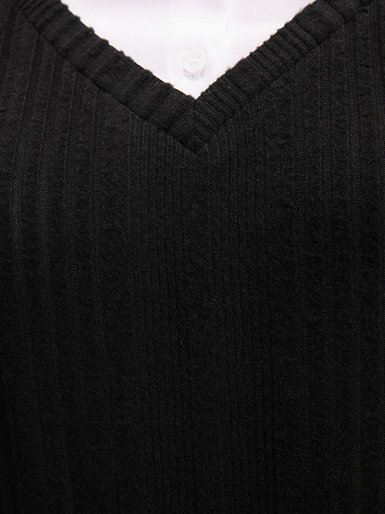 Colorblock Contrast Shirt Collar Rib Knit 2-In-1 Sweatshirt