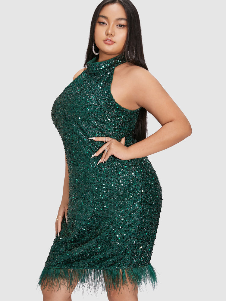 Sequin Fuzzy Trim Sleeveless Bodycon Dress