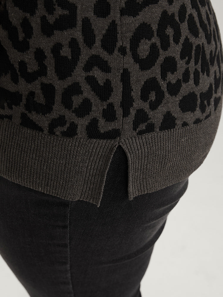 Leopard Contrast Pointelle Knit Pocket Drawstring Hooded Knit Top