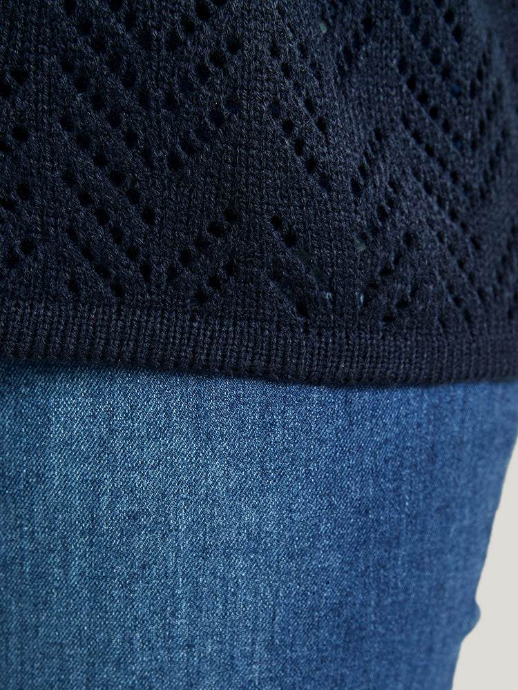 Geometric Pointelle Knit V Neck Eyelet Knit Top