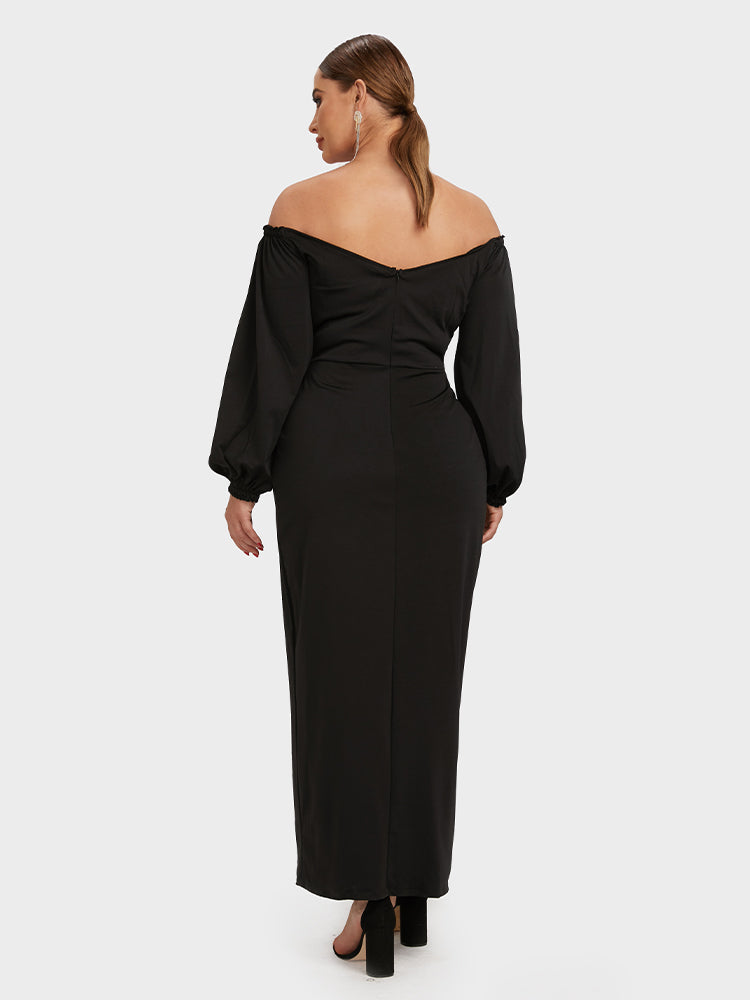 Bishop Sleeve Ruched Split Hem Dress