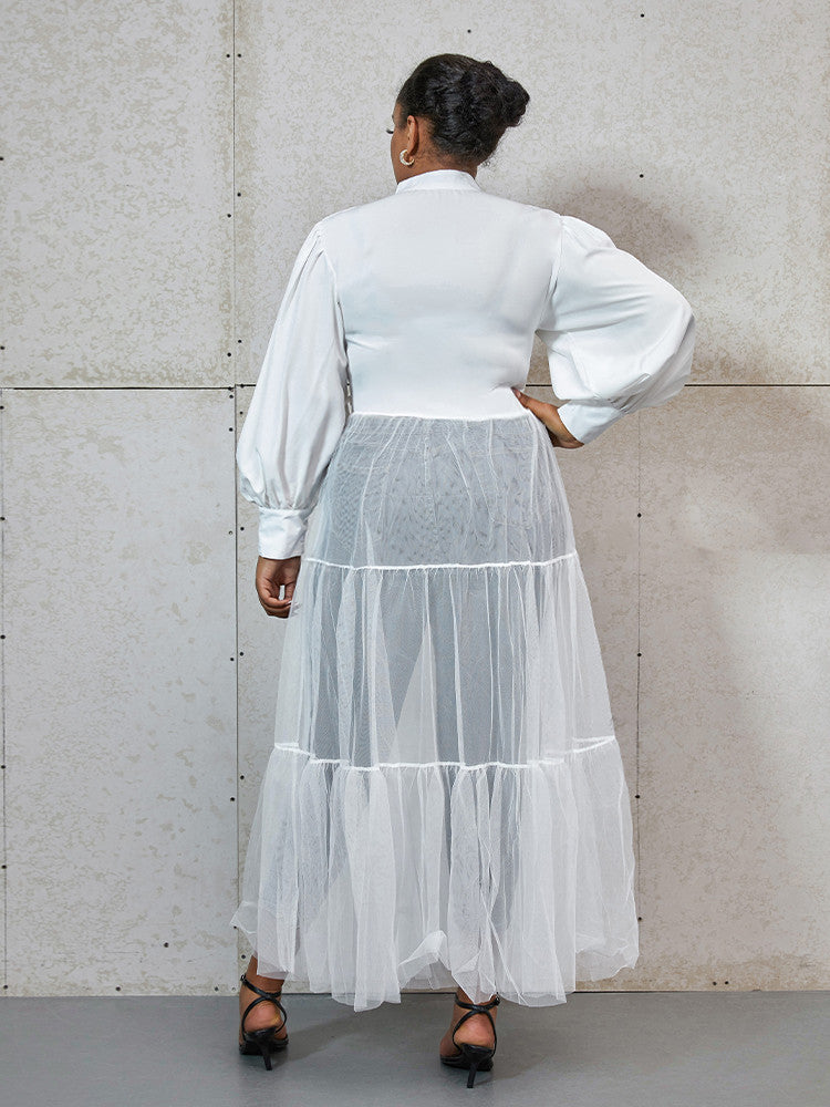 Contrast Mesh Sheer Ruffle Shirt Dress