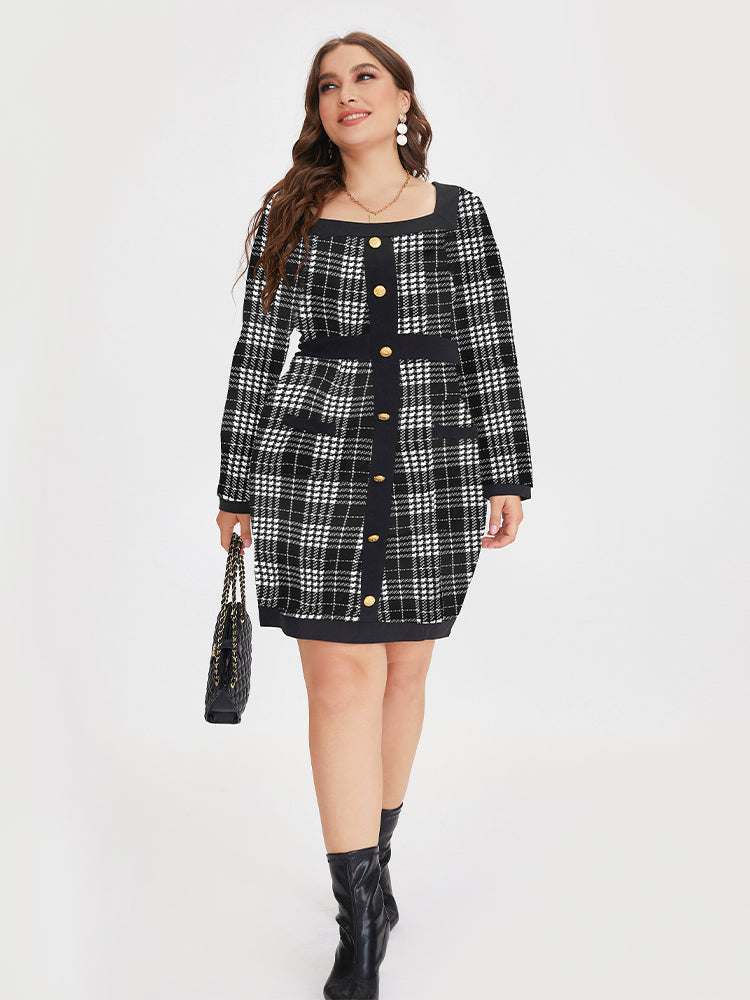 Tartan Pattern Square Neck Button Dress