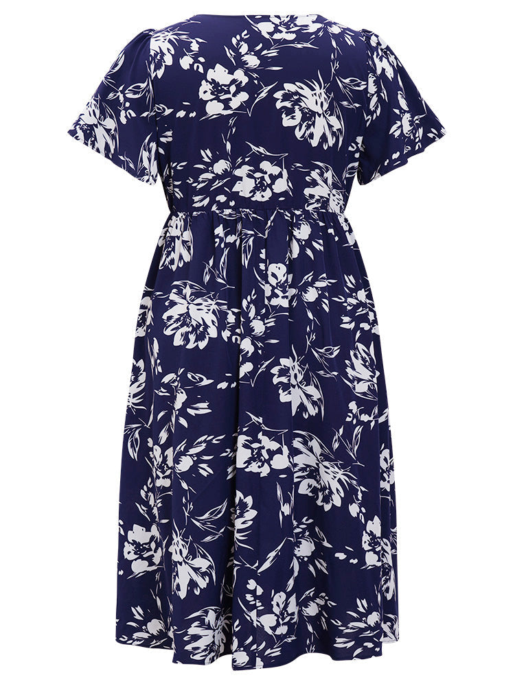 Floral Surplice Neck Pocket Gathered Ruffle Sleeve Split Dress
