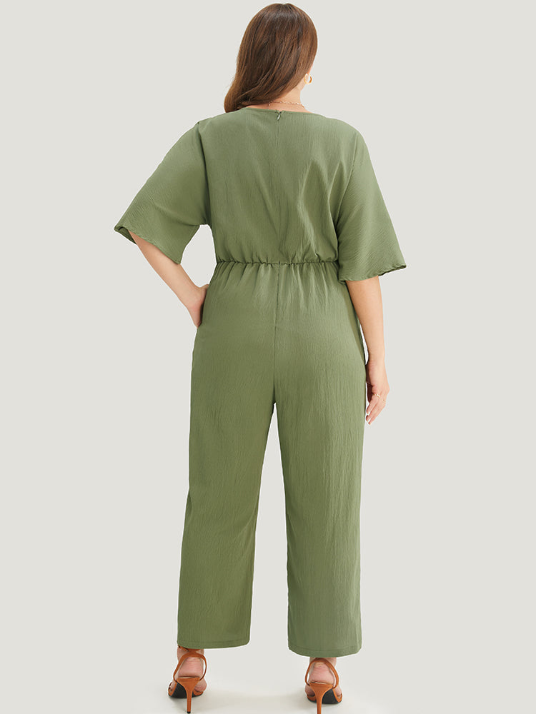 Solid Wrap Button Detail Batwing Sleeve Zip Back Jumpsuit