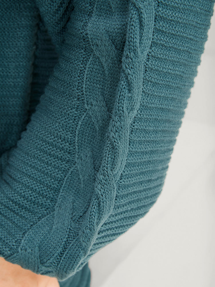 Solid Pointelle Knit V Neck Lantern Sleeve Cable Knit Top