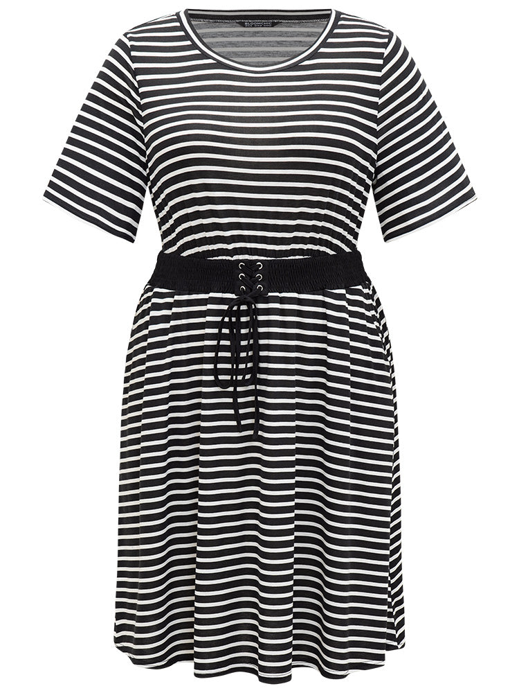 Halloween Striped Patchwork Pocket Round Neck Ties Dress