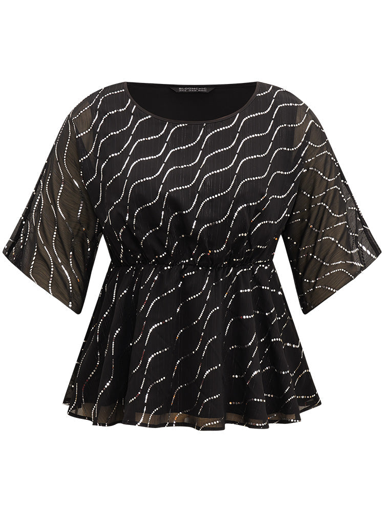 Chiffon Rhinestone Mesh Patchwork Elastic Waist Blouse