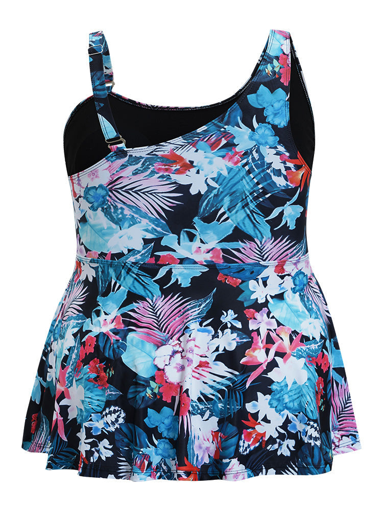 Floral Printed Asymmetrical Ruffles Hem Tankini Top