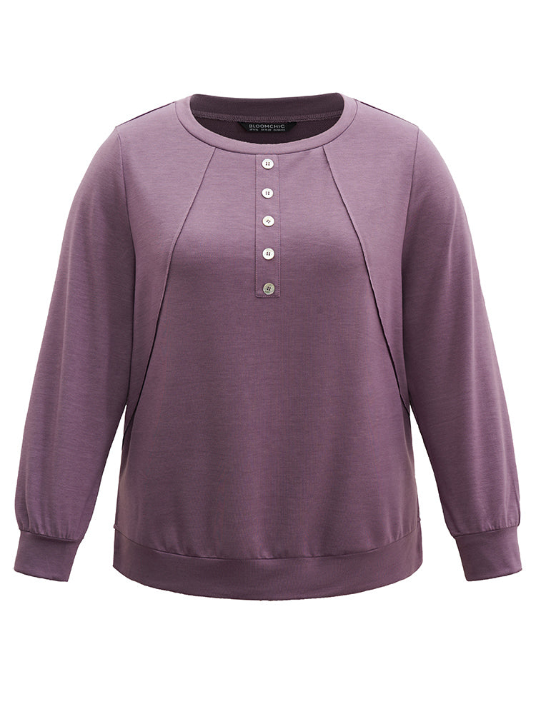 Plain Button Detail Round Neck Knit Sweatshirt