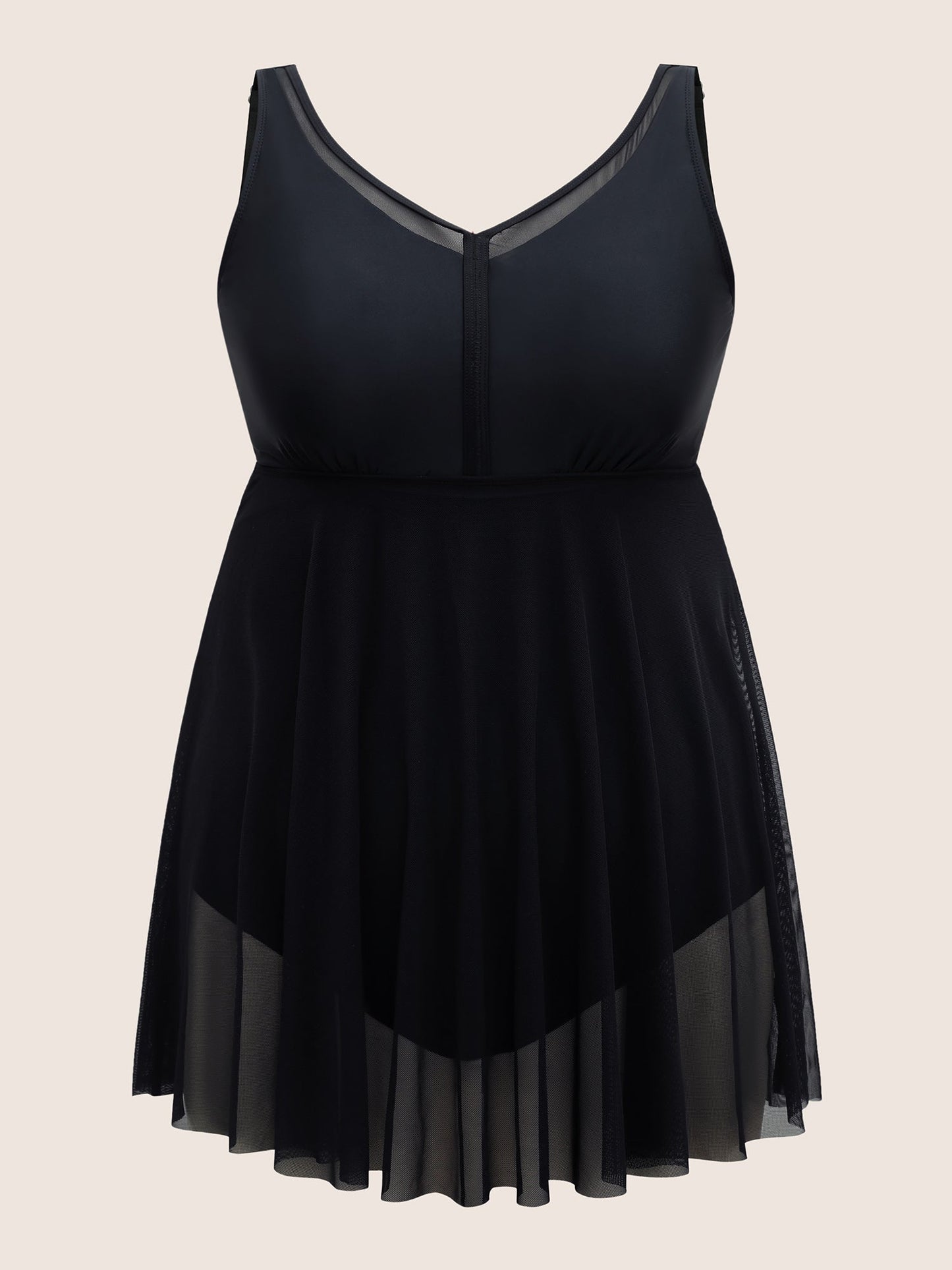 Solid Mesh Patchwork Adjustable Straps Swim Dress