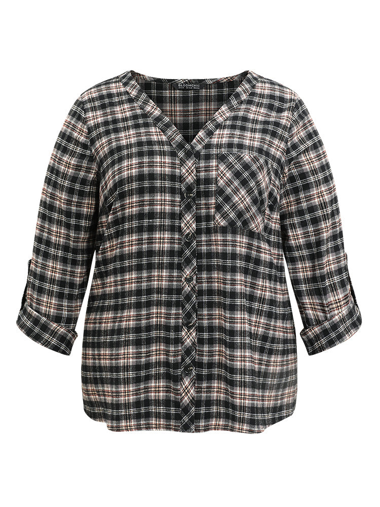 Gingham Tab Sleeve Patched Pocket Blouse