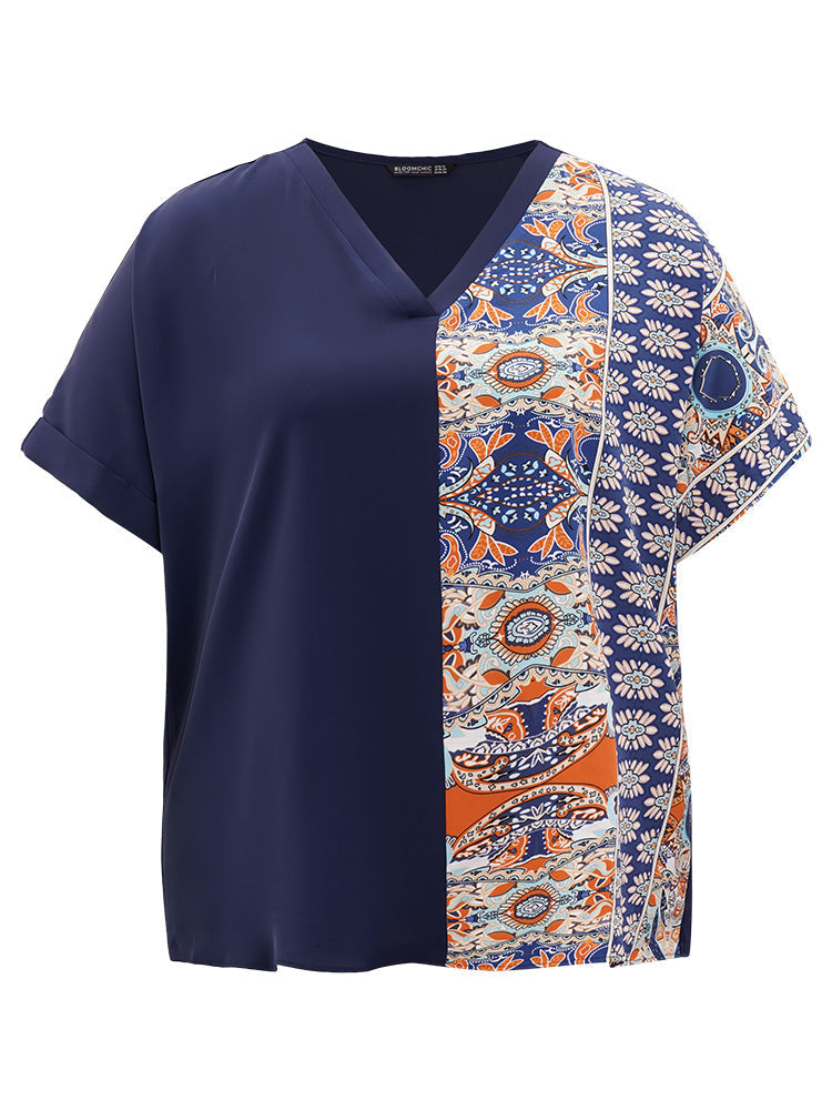 Bandana Print Patchwork Contrast Roll Batwing Sleeve Blouse