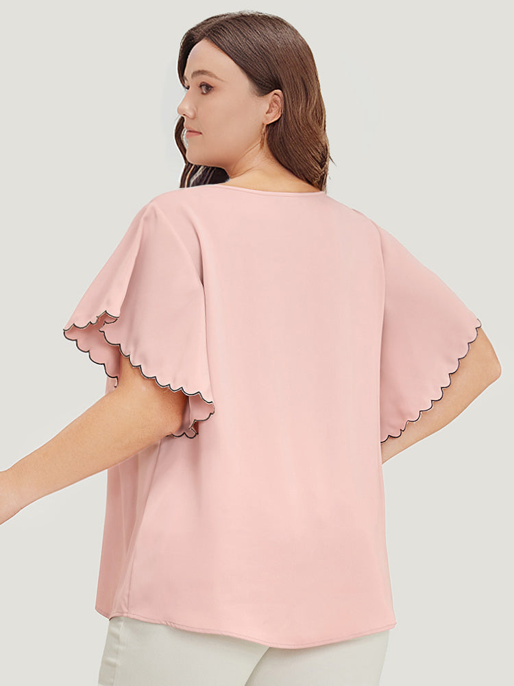 Plain Contast Lettuce Trim Ruffle Sleeve Blouse