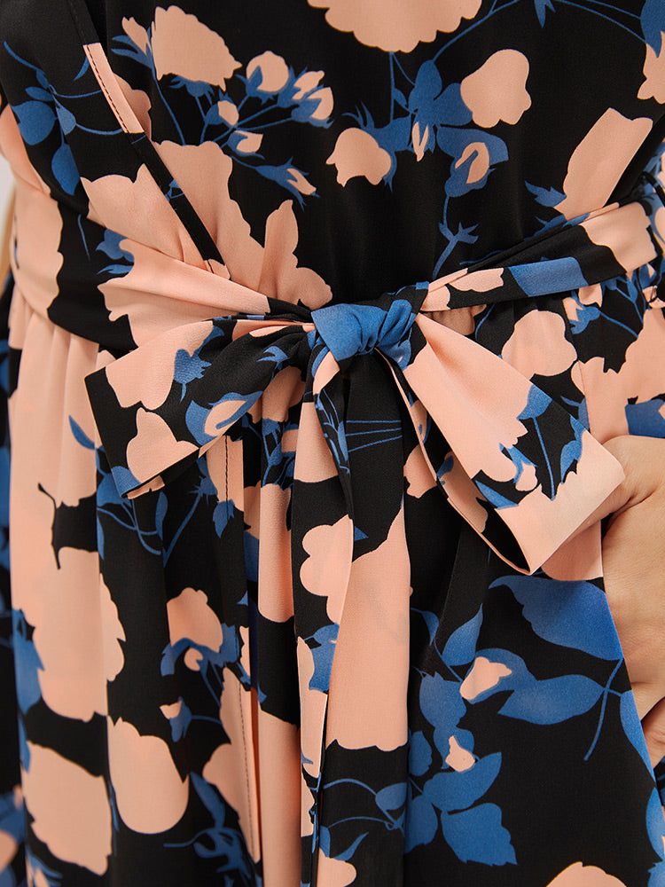 Floral Print Split Hem Belted Pocket Batwing Sleeve Dress