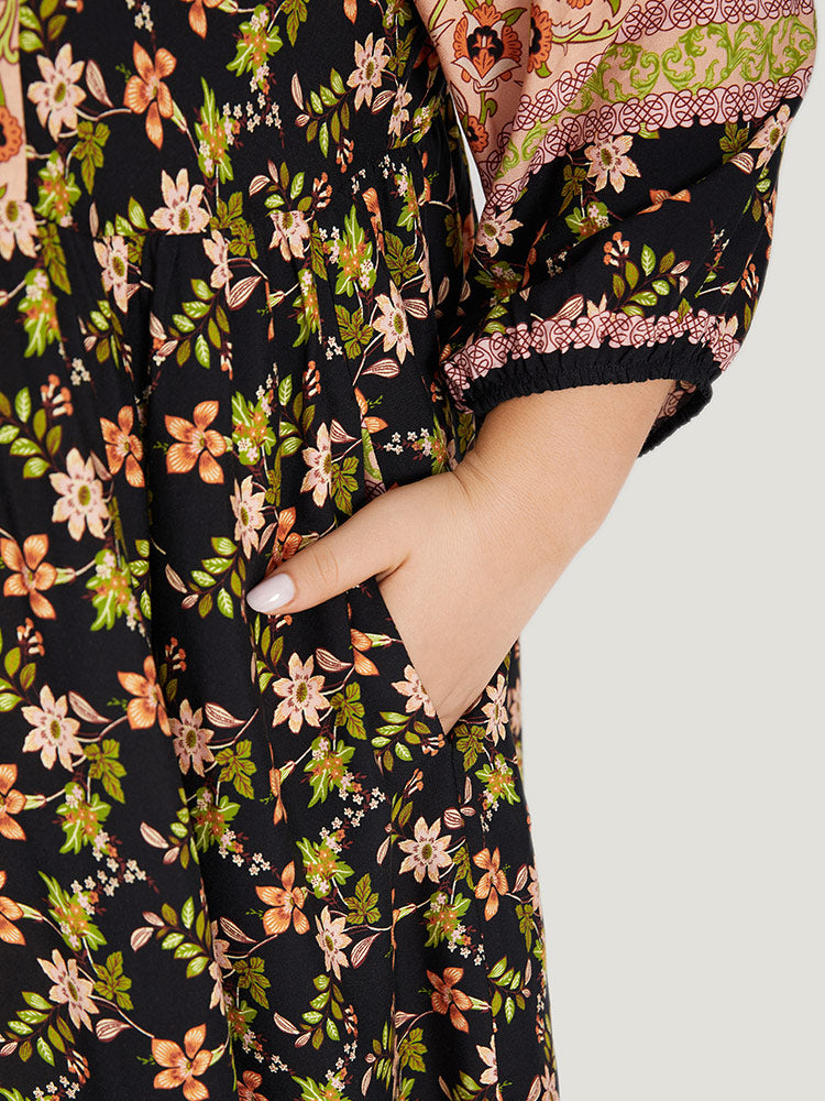 Boho Print Knot Neck Lantern Sleeve Dress