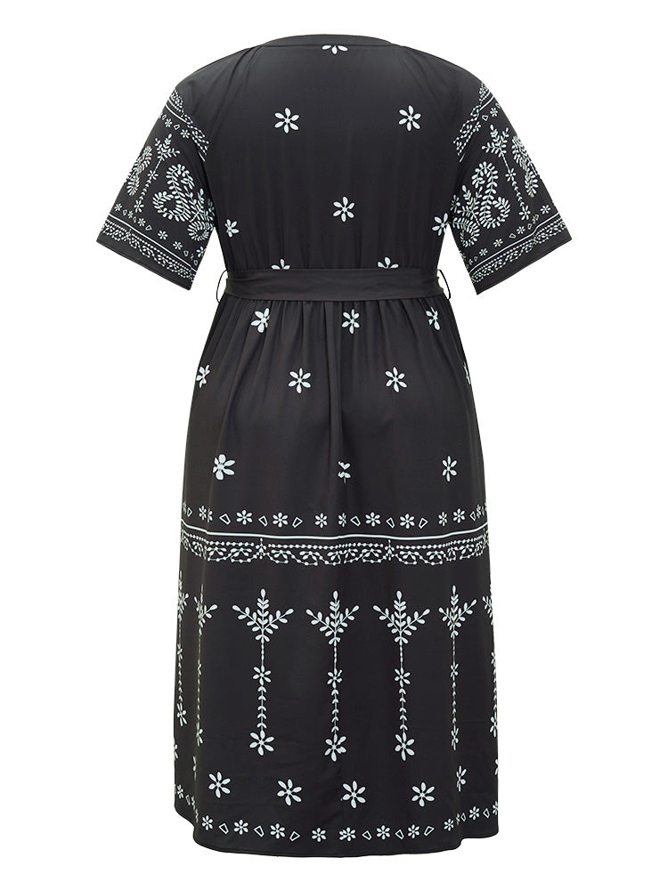 Floral Print Pocket Flutter Hem Belt Notched Dress