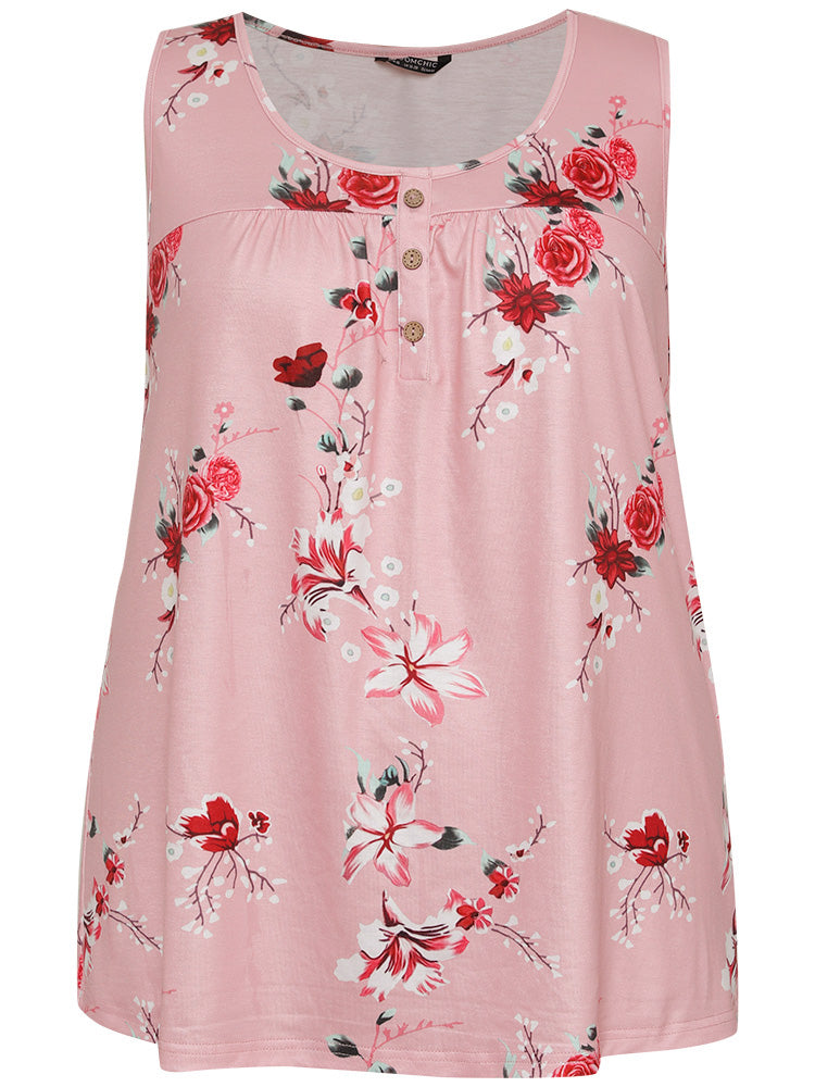Floral Button Detail Round Neck Tank Top