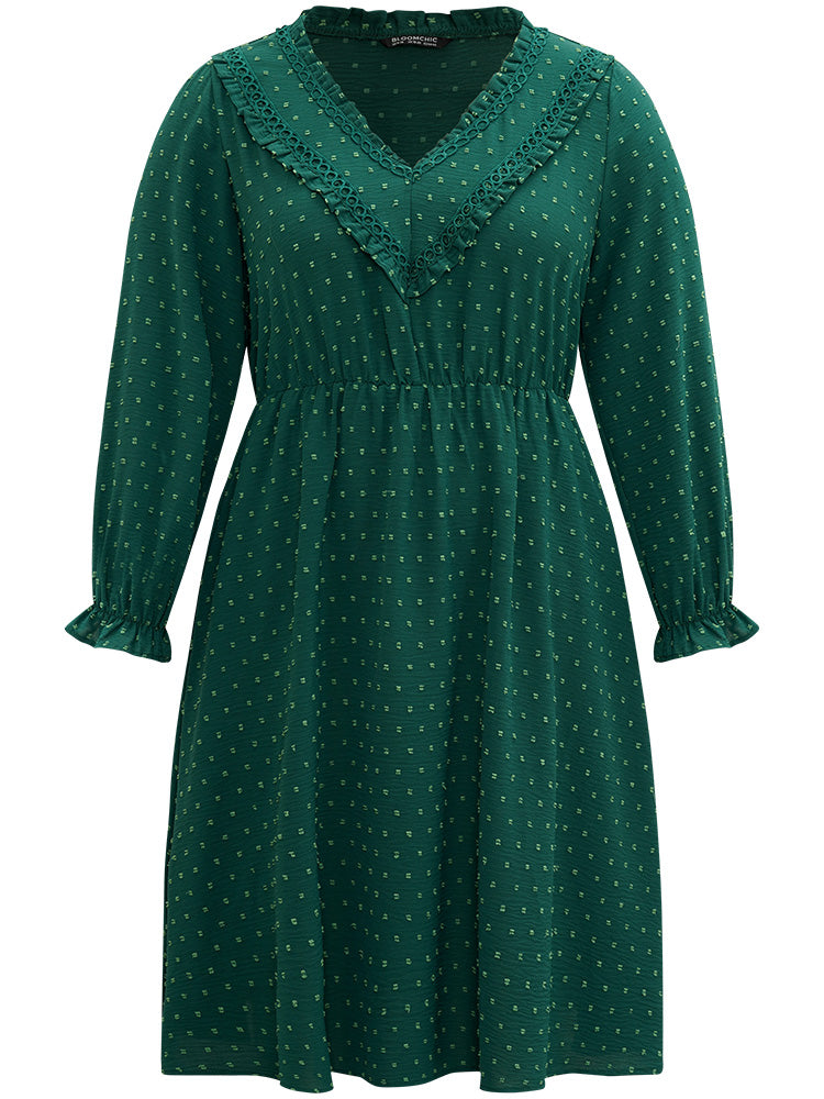 Solid Textured V Neck Lantern Sleeve Frill Trim Dress