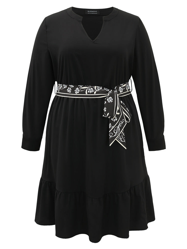 Anti-Wrinkle Floral Print Belted Notched Dress