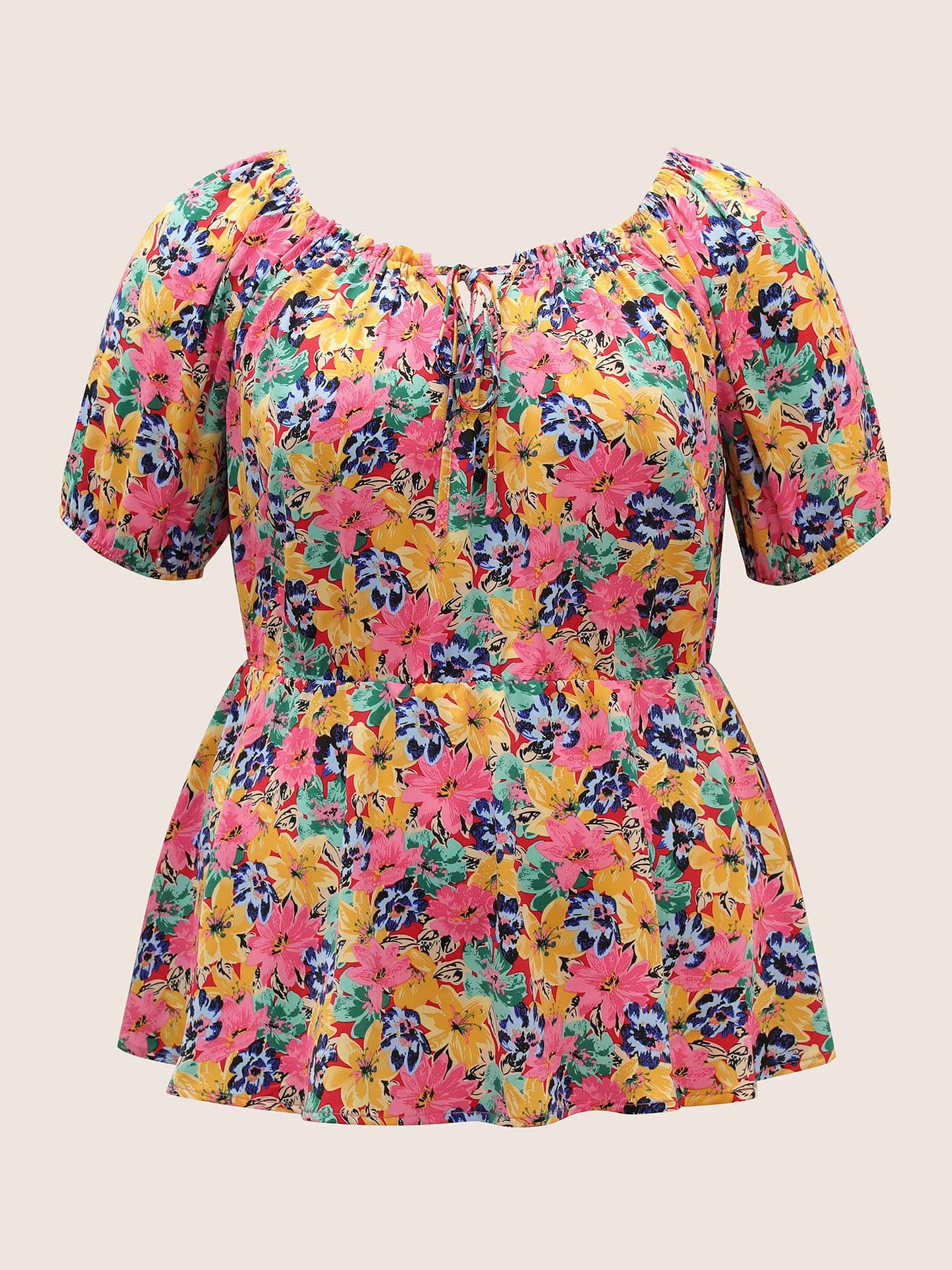 Floral Elastic Waist Ties Lantern Sleeve Blouse