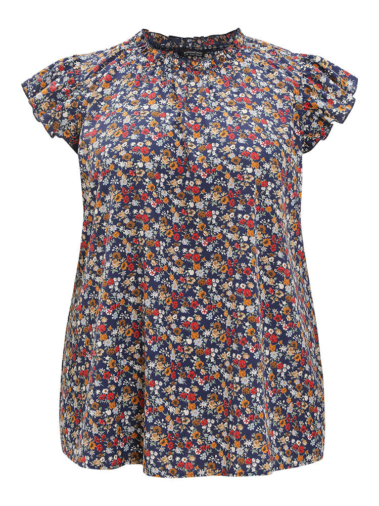 Ditsy Floral Frill Trim Mock Neck Cap Sleeve Blouse