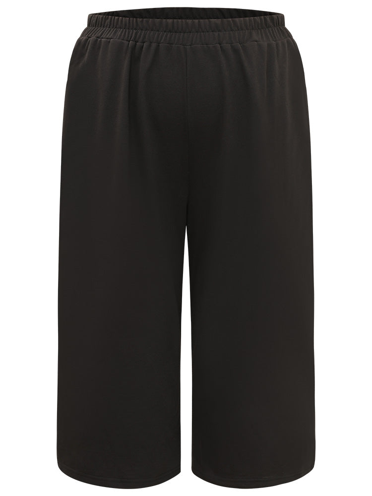 Plain Pocket Elastic Waist Split Hem Cropped Pants