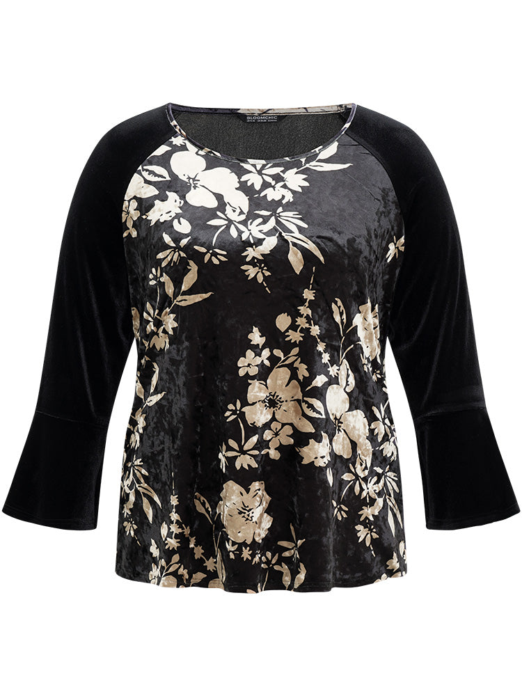Velvet Floral Patchwork Raglan Sleeve T-shirt