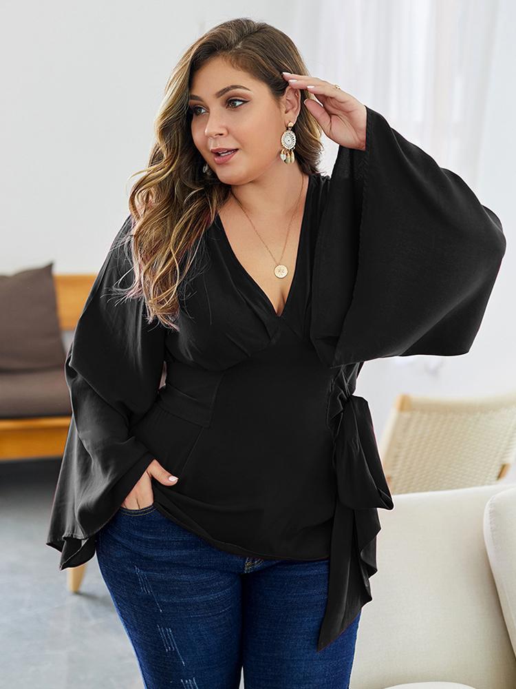 Flared Sleeves Belt V-neck Blouse
